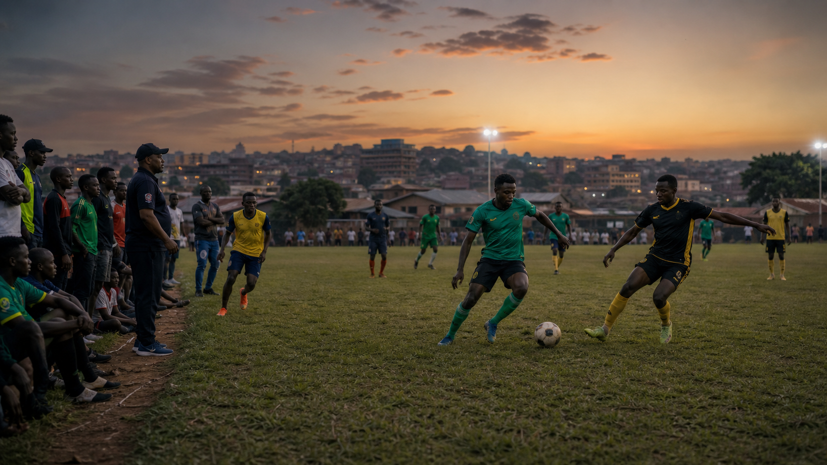 Community football at sunset in Kampala, Uganda